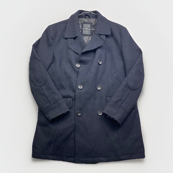 Guess Men’s XL Double Breasted Pea Coat Button-Up Black/Blue Reverse Stiches *** - Picture 1 of 16